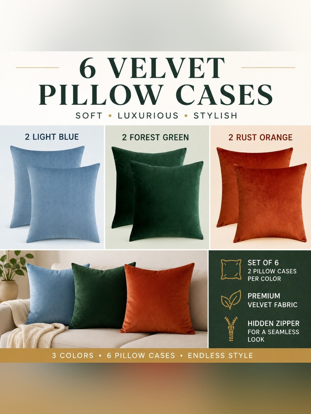 2 Utopia Bedding Throw Pillows & 6 Velvet Pillow Cases 18 x 18